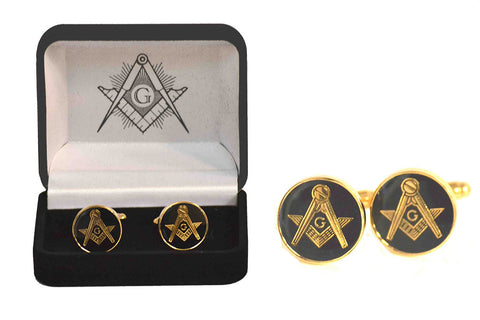 Black and Gold Circular Masonic Square and Compasses Cufflinks